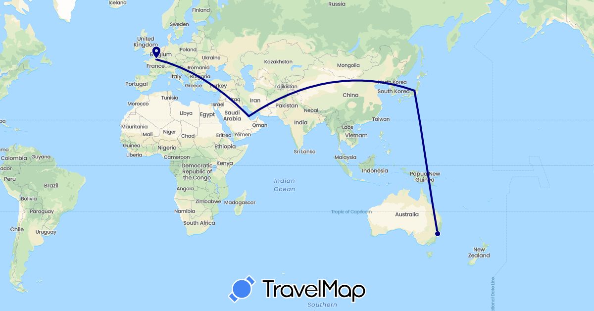 TravelMap itinerary: driving in Australia, France, Japan, Qatar (Asia, Europe, Oceania)